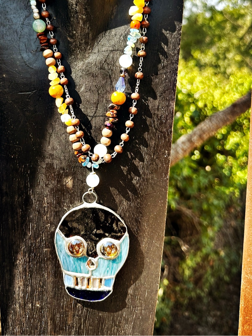 Blue Glass Dia de los Muertos Statement Necklace